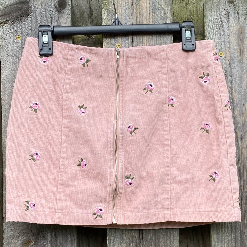 Pink Corduroy Floral Embroidered Zip Front Mini skirt by LA Hearts